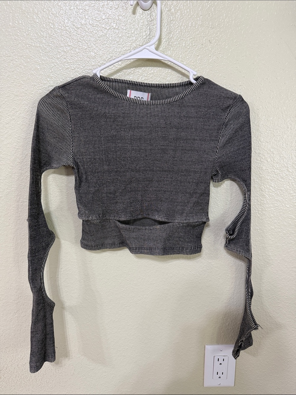 BDG Charcoal Ribbed Cropped Long-Sleeve Top